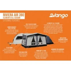 Vango Riviera Air Awning 390 Elements TC Package With Free Tall Annex Elements TC - Riviera, Caravan Awning Side Canopy And CP225 - Breathable Fitted Carpet - Riviera 390 -Outdoor Tent Shop riviera air 390 elements tc 4